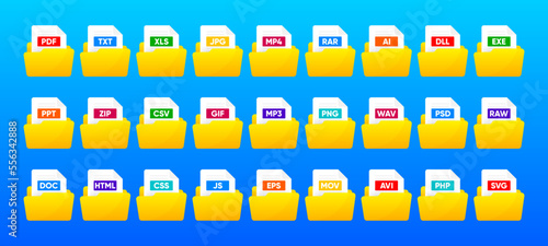 File Type icon set. Popular files format and document. Format and extension of documents. Set of graphic templates audio, video, image, system, archive, code and document file. Vector illustration.