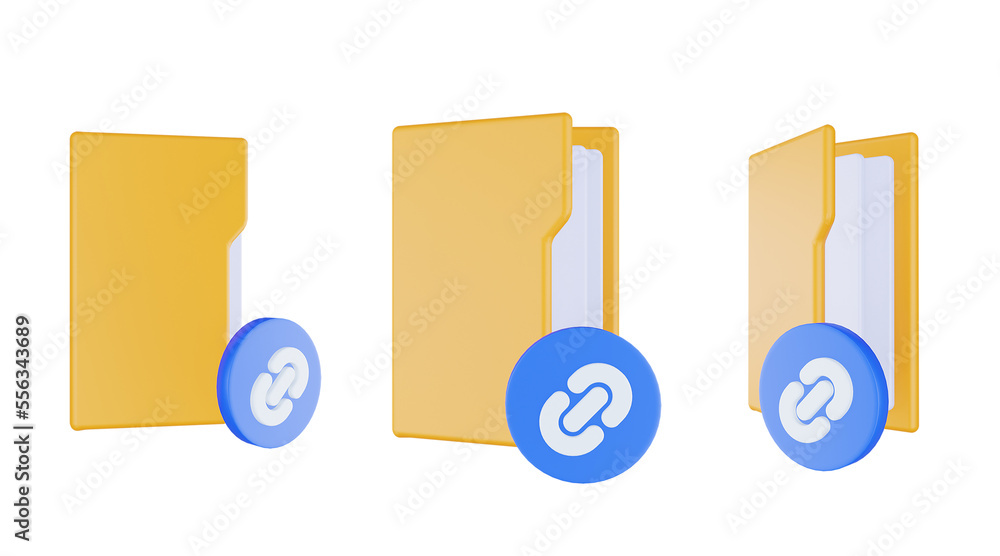 3d render folder link icon with orange file folder and blue link