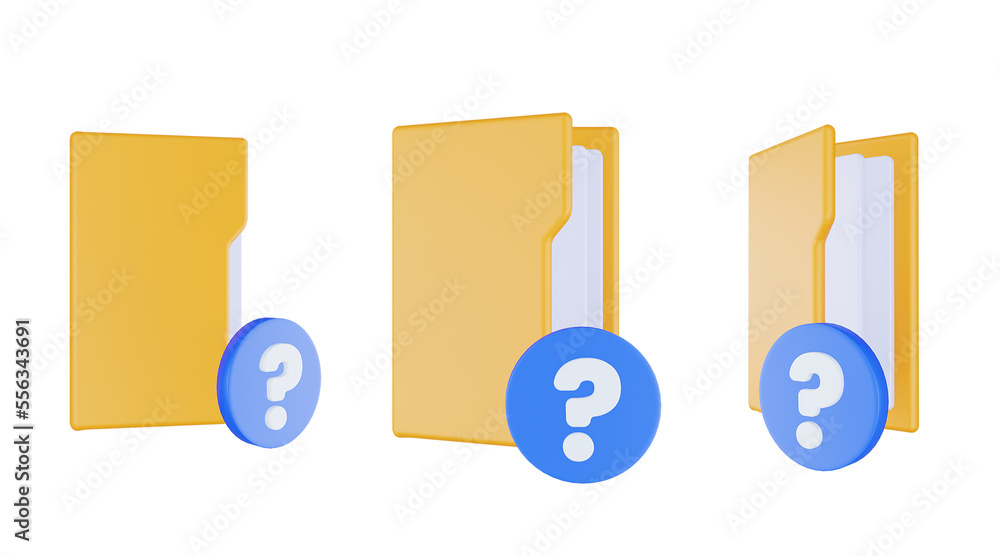 3d render folder question mark icon with orange file folder and blue