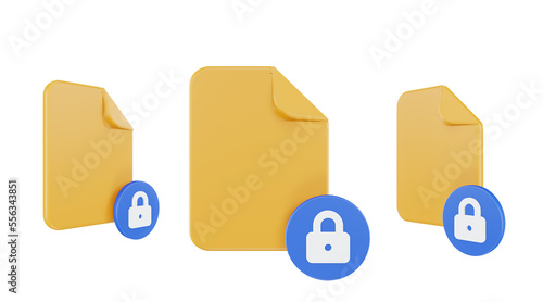 3d render file locked icon with orange file paper and blue locked