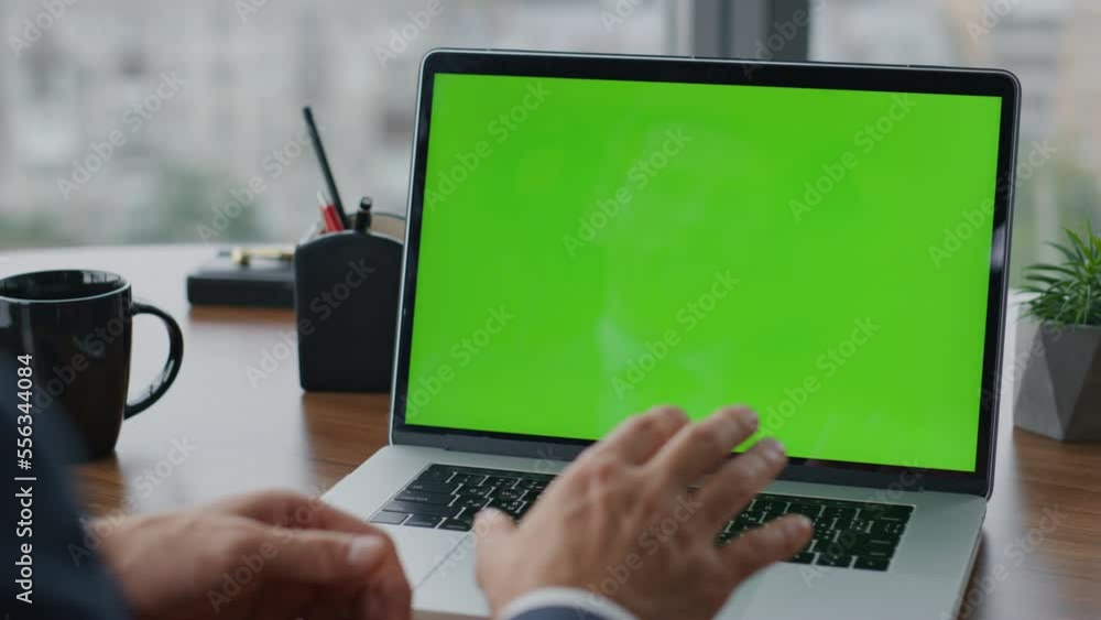 Boss talking green screen chroma key laptop having video conference close up. Boss talking green screen chroma key laptop having video conference close up.