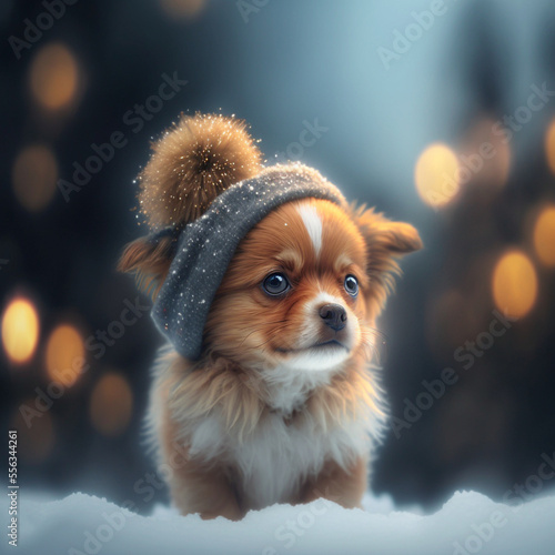 little cute dog in a Santa Claus hat, in the snow
