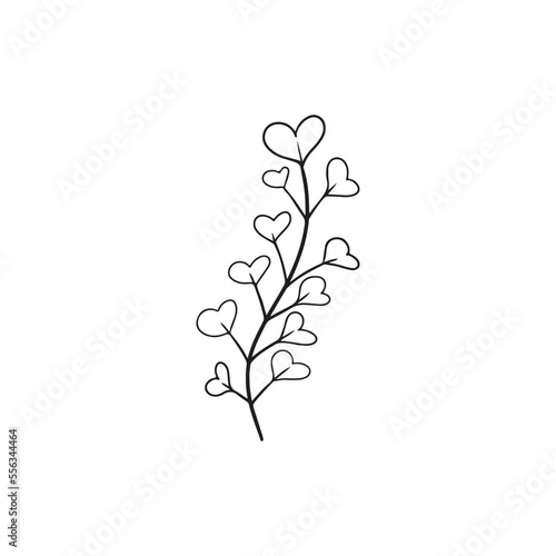 Branch with hearts in black isolated on white background. Vector doodle sketch illustration in simple vintage engraved style. HAppy st. Valentines day  love concept  gift  heart leaves.