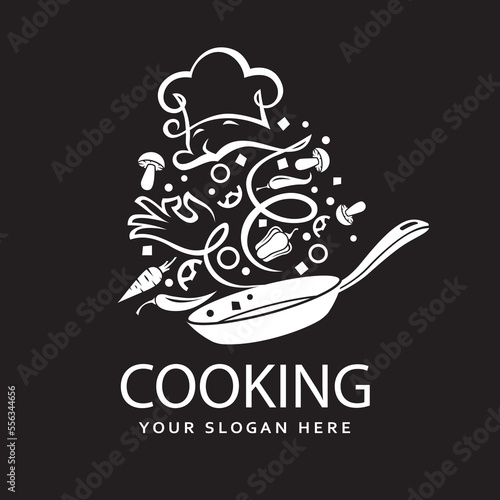 cooking process of vegetables on pan isolated on black background