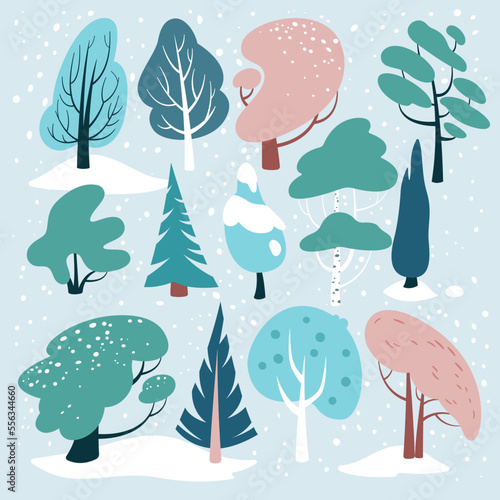 Winter trees and bushes flat icons set. Winter landscape and cold weather. Bare trees. Frost on branches