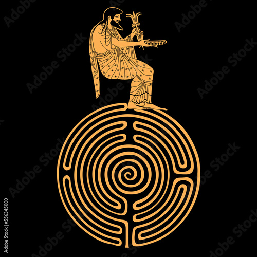 Ancient Greek god Zeus or Jupiter sitting on a round spiral maze or labyrinth symbol. Creative mythological concept. Vase painting style. On black background.