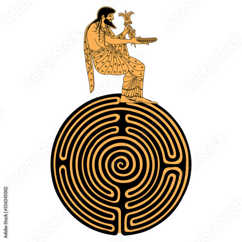 Ancient Greek god Zeus or Jupiter sitting on a round spiral maze or labyrinth symbol. Creative mythological concept. Vase painting style.