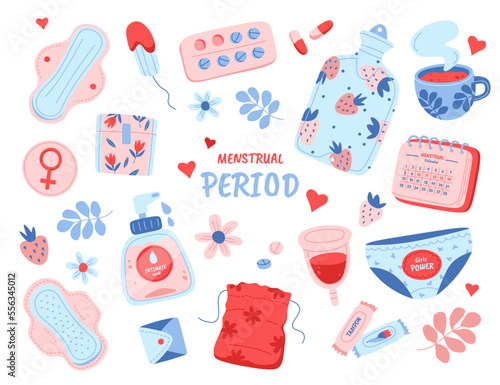 Female hygiene flat icons set. Woman menstruation tools. Tampons, menstrual cup, pads and hormonal contraception