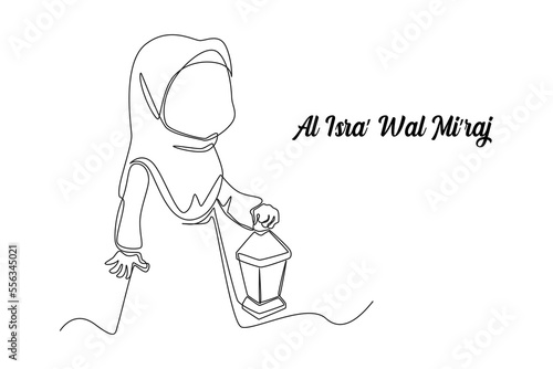 Continuous one line drawing Happy muslim girl with lantern celebrating islam events. Isra miraj. Isra Miraj Islamic events concept. Single line draw design vector graphic illustration.