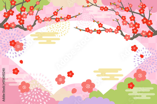梅の花と雲の和風背景イメージ_ベクターイラスト
