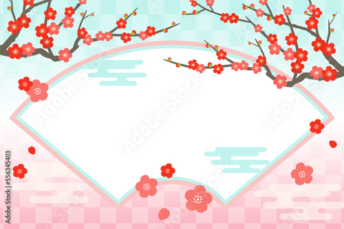 梅の花と和柄の背景フレーム_ベクターイラスト