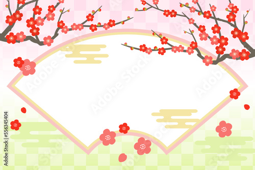 梅の花と和柄の背景フレーム_ベクターイラスト