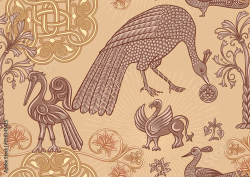 Byzantine traditional historical motifs of animals, birds, flowers and plants. Seamless pattern in kraft and beige colors. Vector illustration.