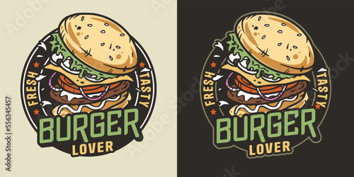 Burger with meat, cheese and vegetable for logo or emblem. American fast food or hamburger for poster. USA food with bun, lettuce, cheese, tomato, onion, cutlet for store
