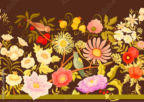 Fantasy flowers and birds in retro  vintage  jacobean embroidery style. Millefleurs seamless pattern  background. Vector illustration. Multicolor.