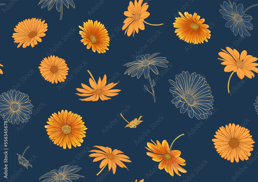 Calendula medicinal herbs and flowers seamless pattern, background. Vector illustration. - obrazy, fototapety, plakaty 