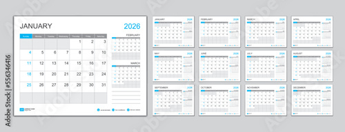 Monthly calendar template for 2026 year, Planner 2026 year, Week Starts on Sunday. Wall calendar in a minimalist style, desk calendar 2026 template, New Year Calendar Design, Business template Vector