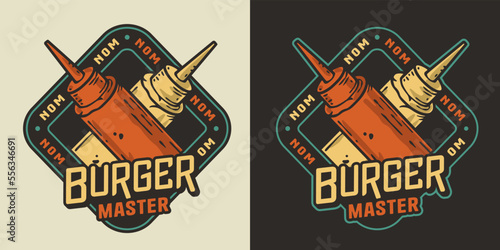 Bottle sauce with ketchup and mustard for food label or banner. BBq tomato sauce for design of menu and poster