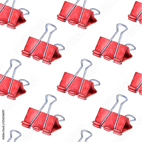 Watercolor illustration of a pattern of a red stationery metal clip for paper, documents. Holder for school, office and hobby. Elements of stationery. Isolated on white background. Drawn by hand.