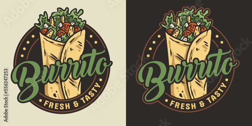 Burrito vector with meat and vegetable for logo or emblem. Traditional mexican fast food. Burritos latin food with tortilla, leaves lettuce, cheese, tomato, forcemeat, sauce