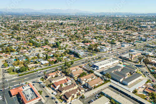 Garden Grove  California     March 8  2022  aerial drone photo toward Garden Grove Blvd and Gilbert St with shops and houses