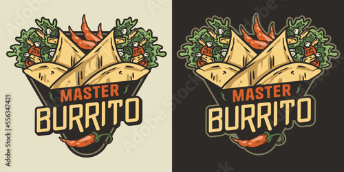 Burrito mexican food with meat and vegetable for logo or emblem. Traditional burritos latin fast food with tortilla, leaves lettuce, cheese, tomato, forcemeat, sauce