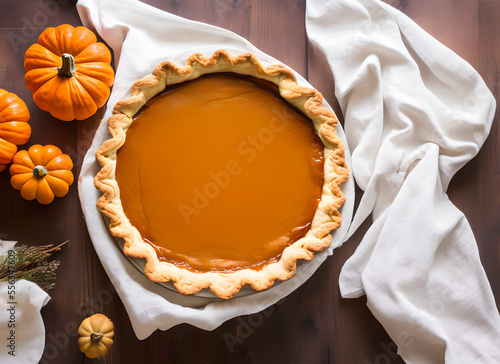 Homemade pumpkin pie on white cloth next to pumpkins on a wooden table, autumn scene