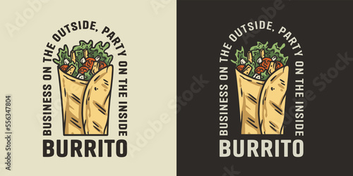 Burrito mexican food with meat and vegetable for logo or emblem. Traditional burritos latin fast food with tortilla, leaves lettuce, cheese, tomato, forcemeat, sauce