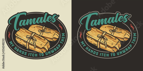 Tamale vector with corn leaves for logo or emblem. Traditional latin fast food. Tamales mexican food for poster or banner
