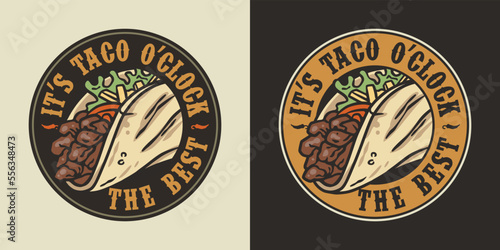 Mexican taco vector food with meat and vegetable for logo or emblem. Traditional tacos Mexico food