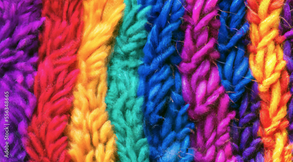 colorful wool texture, closeup of rainbow colored knitted scarf, cozy winter texture, generative AI