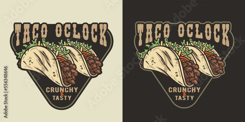 Mexican taco vector food with meat and vegetable for logo or emblem. Traditional tacos Mexico food
