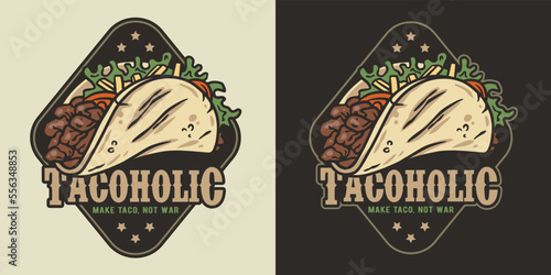 Mexican taco vector food with meat and vegetable for logo or emblem. Traditional tacos Mexico food