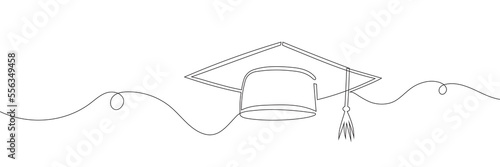 Continuous line drawing of graduation cap isolated on white background