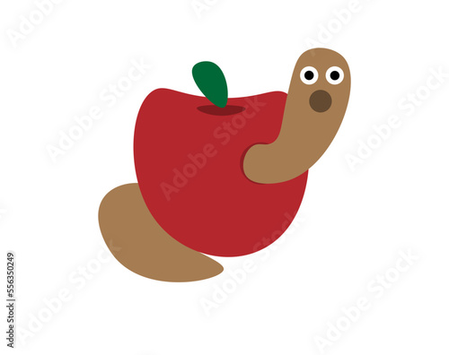 Worm impressed coming out of the red apple. Vector with brown worm on fruit