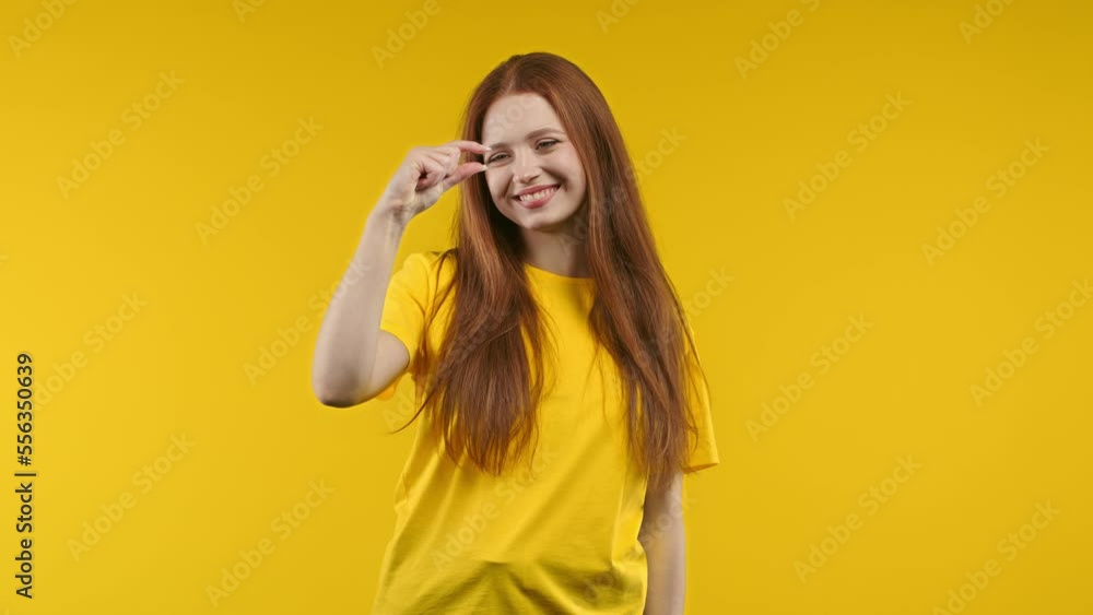 Big large and small tiny concept. Woman showing difference between ...