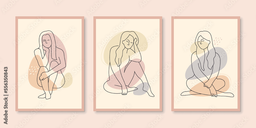 Female posters set. Collection of graphic elements for website. Aesthetics and elegance, fashion and style, creativity and art. Cartoon flat vector illustrations isolated on beige background
