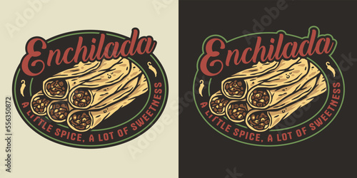 Enchilada vector with meat and rolled tortilla for logo or emblem. Mexico enchilada latin food. Traditional mexican food for poster or banner