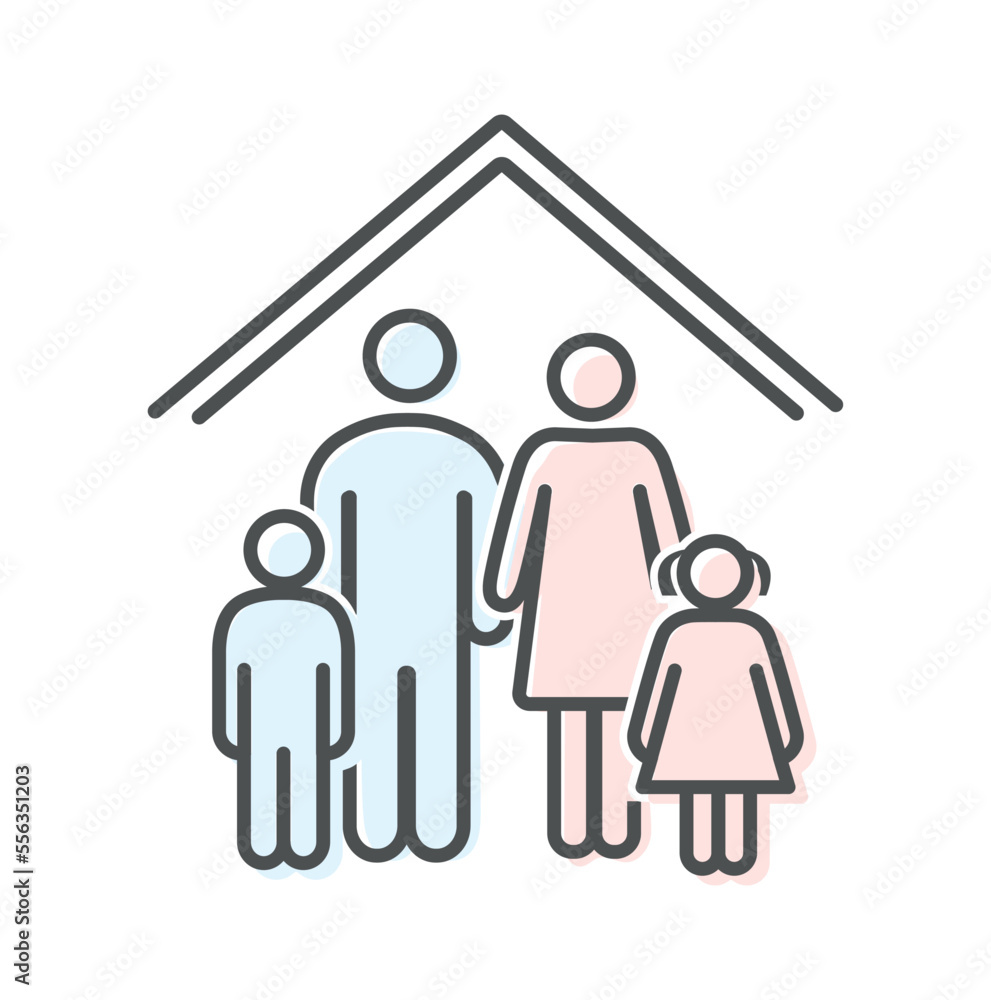 Color adoption family icon. Man and woman with children stand under roof. Infertility and health problems. Charity and kindness, happy couple with daughter and son. Cartoon flat vector illustration Color adoption family icon. Man and woman with children stand under roof. Infertility and health problems. Charity and kindness, happy couple with daughter and son. Cartoon flat vector illustration