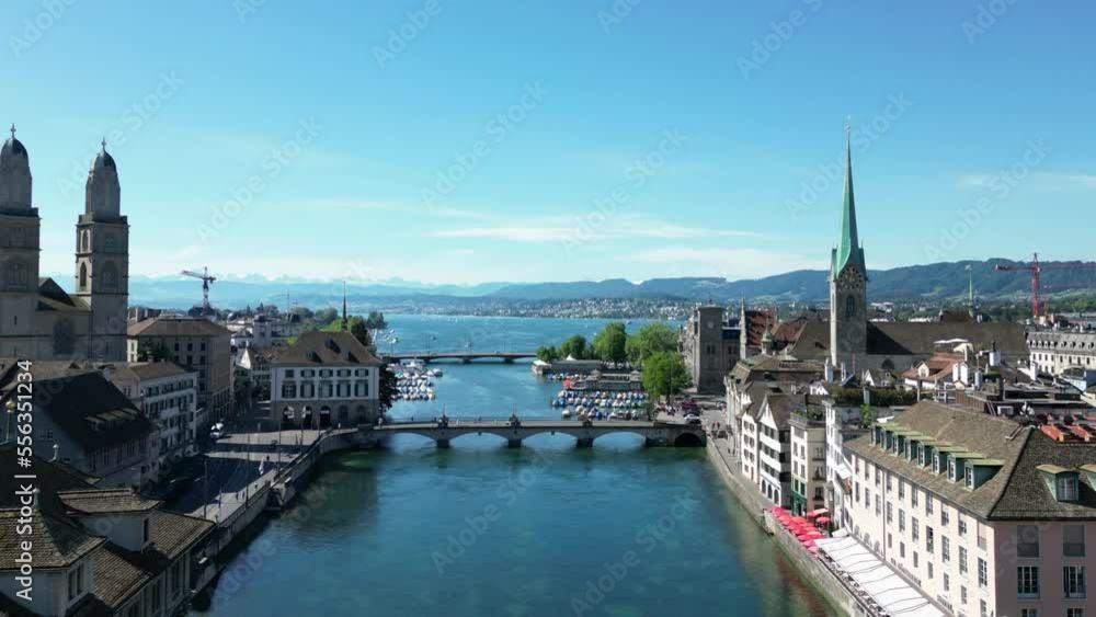 Aerial drone view of downtown zurich lakeside in summer on a sunny day
