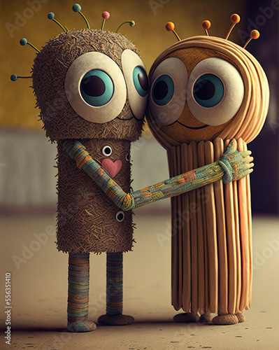 Two cute felt and rubber 3d render characters giving hugs to each others, agenerative id,valentine day or hugs day perfect illustration for poscards photo