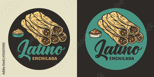 Mexican enchilada vector food with meat and rolled tortilla. Mexico logo or emblem of traditional enchilada or latin food