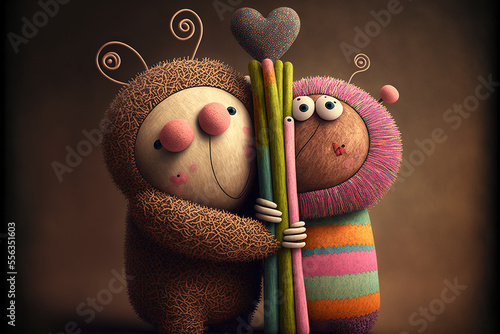 Two cute felt and rubber 3d render characters giving hugs to each others, agenerative id,valentine day or hugs day perfect illustration for poscards photo