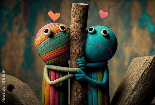 Two cute felt and rubber 3d render characters giving hugs to each others, agenerative id,valentine day or hugs day perfect illustration for poscards photo