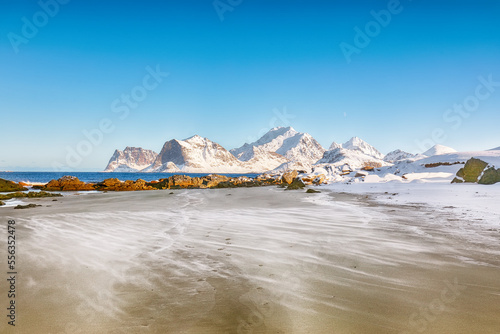 Amazing winter scenery on Storsandnes beach in the morning. photo