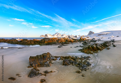 Fabulous winter scenery on Storsandnes beach in the morning. photo