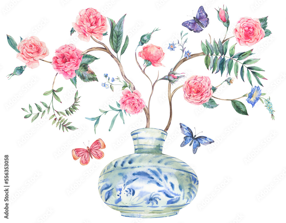 Watercolor garden rose bouquet, blooming tree, Chinese blue vase illustration isolated on white