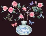 Watercolor garden rose bouquet, blooming tree, Chinese blue vase illustration isolated on black