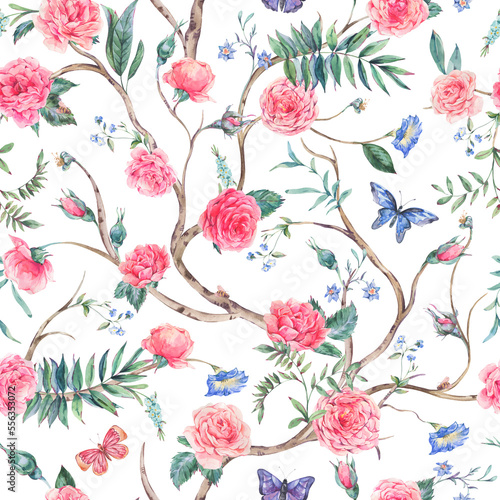 Watercolor garden rose bouquet, blooming tree seamless pattern, Chinoiserie floral texture on white