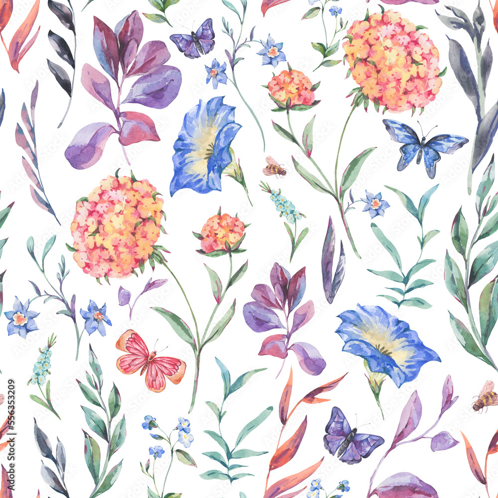 Watercolor botanical wildflowers seamless pattern, natural texture on white
